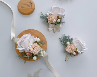 Pink Rose Silk Flower Boutonniere & Wrist Corsage Set
