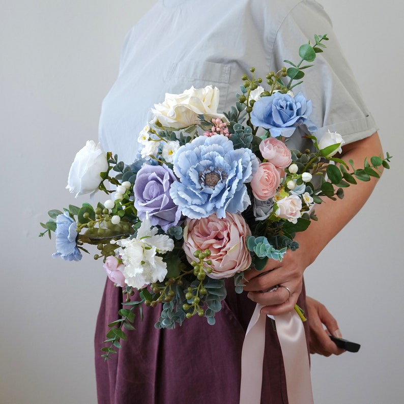 Lilac, Vintage Blue, Blush and Ivory Bridal Bouquet, Wedding Bouquet, Bridesmaids Bouquet, Silk Flower Bouquet image 6