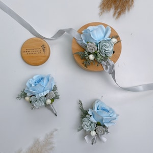 Light Blue Rose Silk Flower Boutonniere and Wrist Corsage, Buttonhole, Groom's Boutonniere, Groomsmen, Prom.