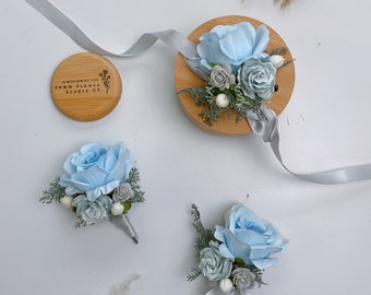 Light Blue Rose Silk Flower Boutonniere and Wrist Corsage, Buttonhole, Groom's Boutonniere, Groomsmen, Prom.