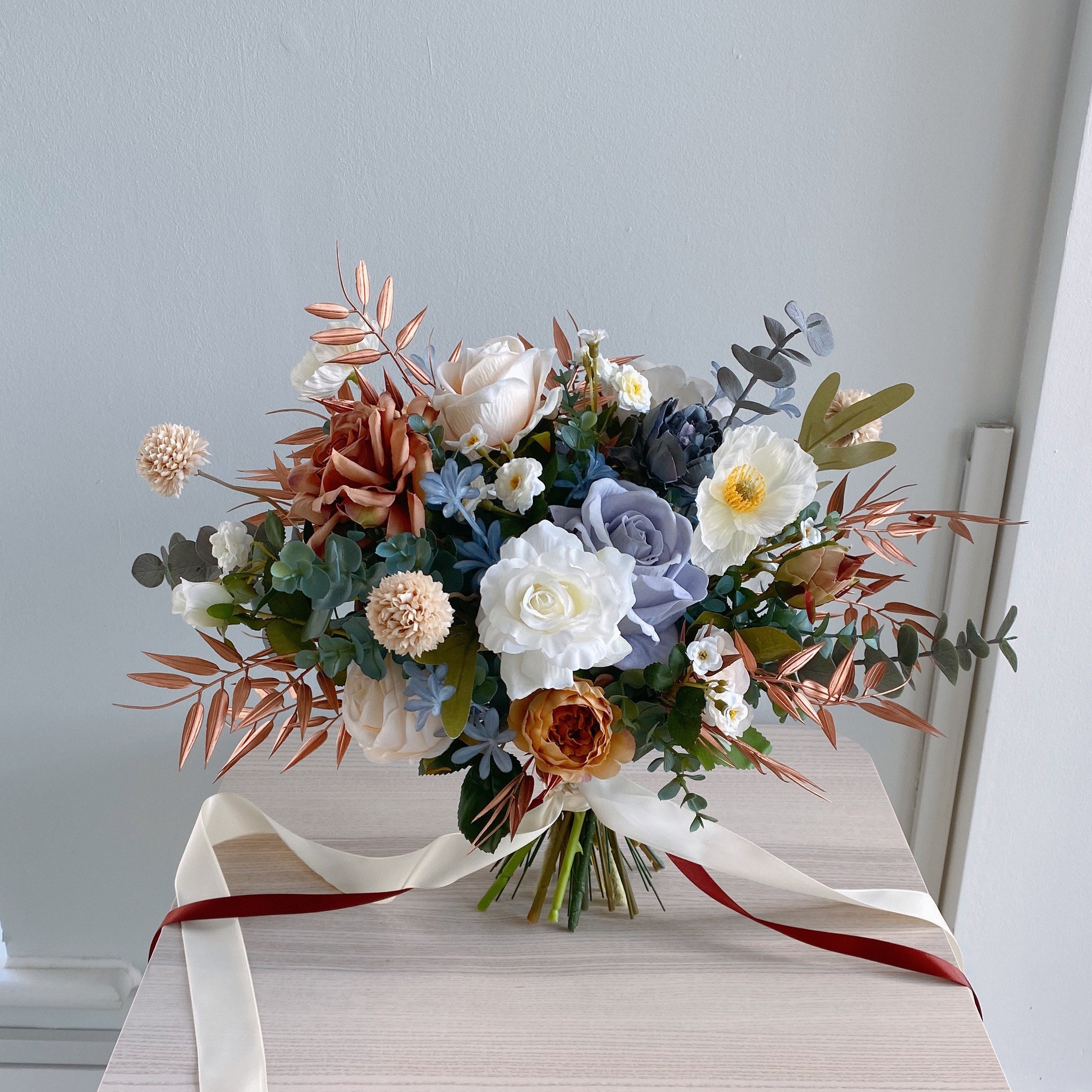 Earthy Bliss Artificial Bouquet - Vintage Blue and Brown Rose Wedding Flower Arrangement