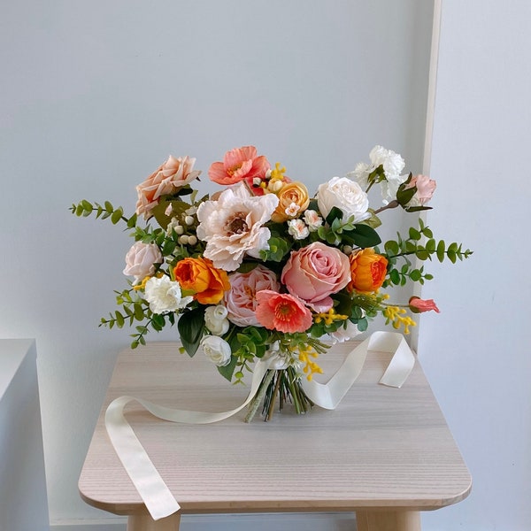 Peach and Blush Tone Bridal Bouquet, Wedding Bouquet, Silk Flower Bouquet