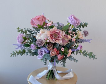 Purple, Pink and Peach tone Natural Wild Style Silk Flower Bouquet