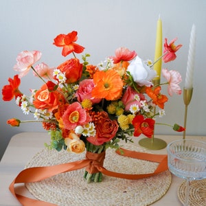 Bright Orange Poppy and Daisy Silk Flower Bouquet, Wedding Flower, Silk Flower Bouquet, Artificial Flower, Faux Flower