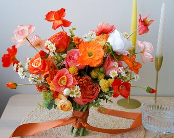 Bright Orange Poppy and Daisy Silk Flower Bouquet, Wedding Flower, Silk Flower Bouquet, Artificial Flower, Faux Flower