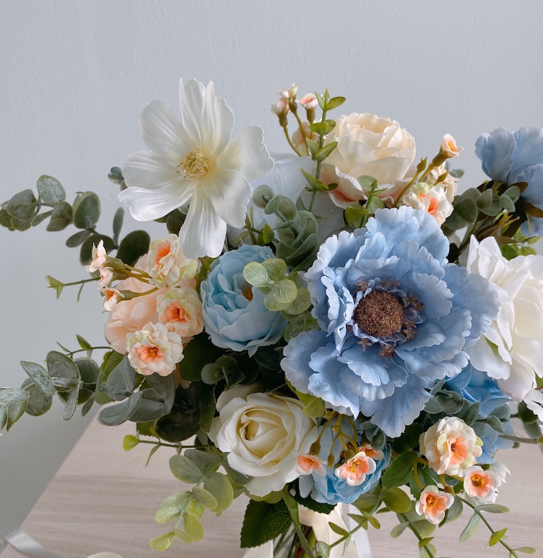 Blue & White Silk Bridal Bouquet, Wedding Bouquet, Silk Flower Bouquet image 3