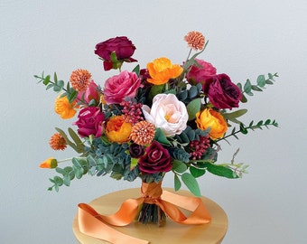 Hot pink and bright orange poppy silk flower bouquet, bridal bouquet, wedding bouquet, artificial flower, faux flower