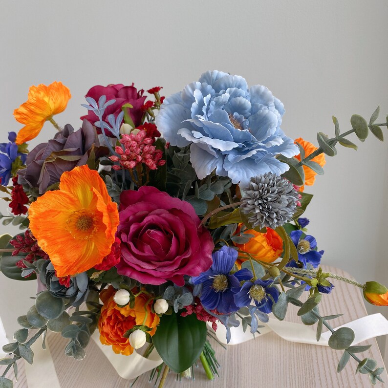 Blue and Orange Silk Flower Bouquet Etsy
