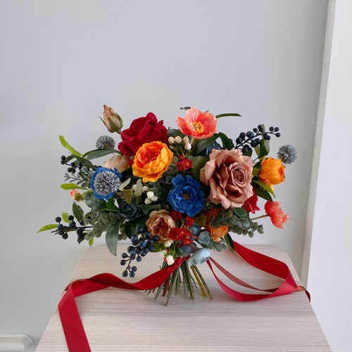 Burgundy & Orange Silk Bridal Bouquet Wedding Bouquet Silk Etsy