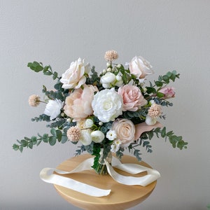 Soft Blush and Ivory Peony Silk Flower Bouquet, Silk Flower Bouquet, Bridal Bouquet