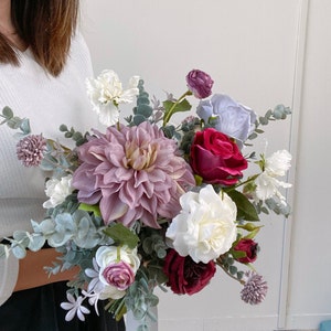 Purple Dahlia and Burgundy Rose Silk Flower Bouquet, Wedding Bouquet, Bridal Bouquet, Silk Flower Bouquet image 4