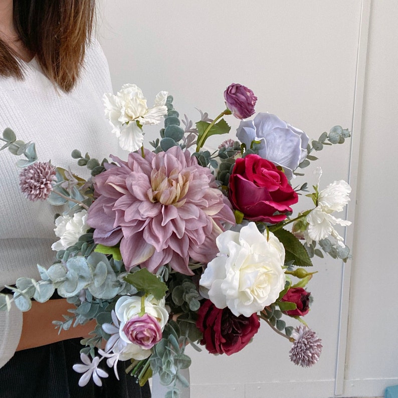 Purple Dahlia and Burgundy Rose Silk Flower Bouquet, Wedding Bouquet, Bridal Bouquet, Silk Flower Bouquet image 4