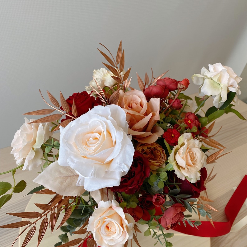 Vintage Red, Rose Gold and Champagne Silk Bridal Bouquet, Wedding Bouquet, Bridesmaids Bouquet, Silk Flower Bouquet image 2