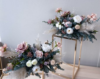 Pampas Grass Dusty Pink and Purple Silk Flower Centrepiece, Table Decoration, Table Runner, Wedding