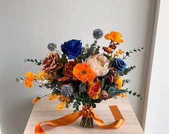 Burnt Orange and Navy Rose Bridal Bouquet, Wedding Bouquet, Silk Flower Bouquet, Faux Flower Bouquet, Artificial Flower Bouquet