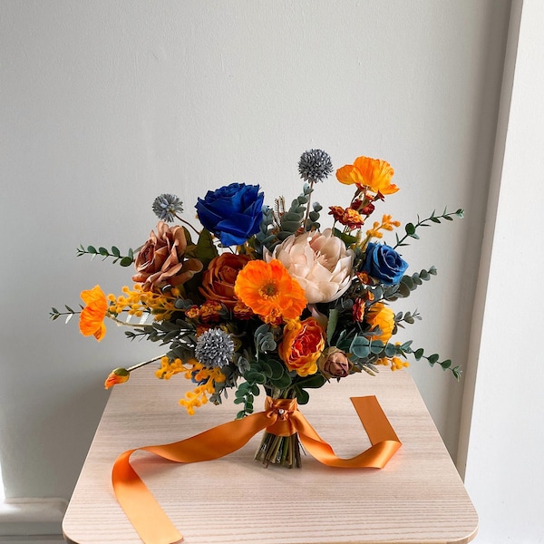 Gebrannte Orange und Marine Rose Brautstrauß, Hochzeitsstrauß, Seidenblumenstrauß, Kunstblumenstrauß, künstlicher Blumenstrauß