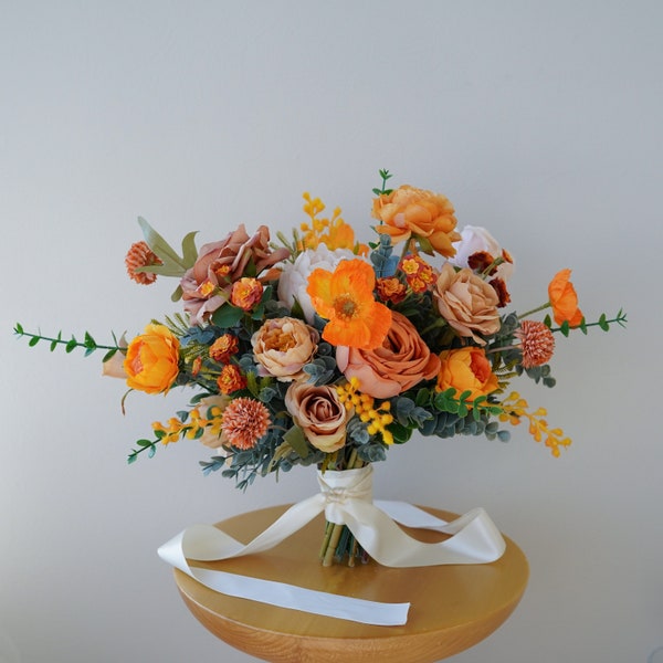 Burnt Orange and Beige Bridal Bouquet, Wedding Bouquet, Silk Flower Bouquet