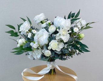 White Peony and Rose Silk Flower Bouquet, Bridal Bouquet, Silk Flower Bouquet, Artificial Flower, Faux Flower
