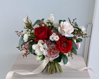 Red and White Silk Bridal Bouquet, Wedding Bouquet, Silk Flower Bouque