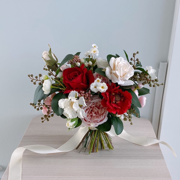 Bouquet de mariée en soie rouge et blanc, bouquet de mariage, bouquet de fleurs en soie