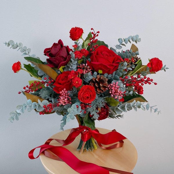 Red Velvet - Red Burgundy Roses Christmas Wedding Artificial Bridal Bouquet