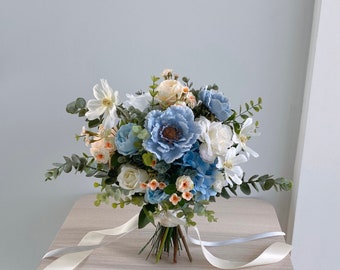 Blue & White Silk Bridal Bouquet, Wedding Bouquet, Silk Flower Bouquet