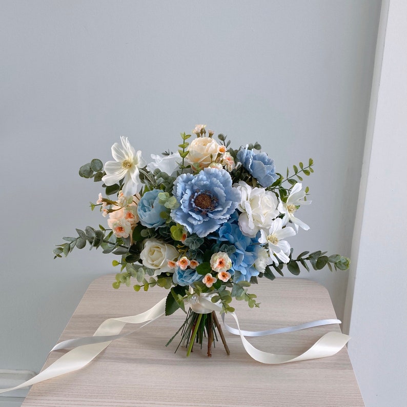 Blue & White Silk Bridal Bouquet, Wedding Bouquet, Silk Flower Bouquet image 1
