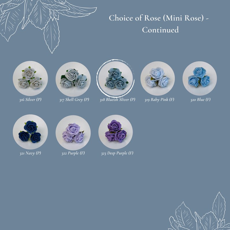 Puede incluir: Surtido de mini rosas artificiales en varios colores, incluyendo plata, gris, azul, rosa, azul marino, morado y morado oscuro. Las rosas est&aacute;n dispuestas en grupos de tres y etiquetadas con su color y c&oacute;digo de producto.