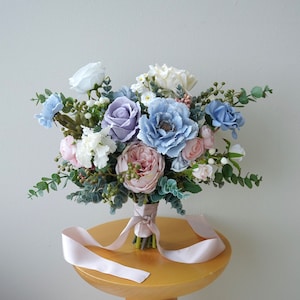 Lilac, Vintage Blue, Blush and Ivory Bridal Bouquet, Wedding Bouquet, Bridesmaids Bouquet, Silk Flower Bouquet