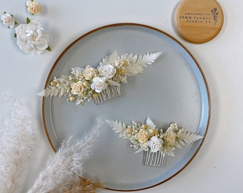 Boho Cream and Pale Yellow Rose Dried Flower Hair Comb, Bridal Hair Piece