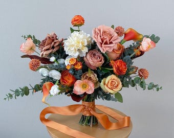 Autumn Sunset Artificial Bouquet - Burnt Orange, Pink Calla Lily Bloom Wedding Flower Arrangement