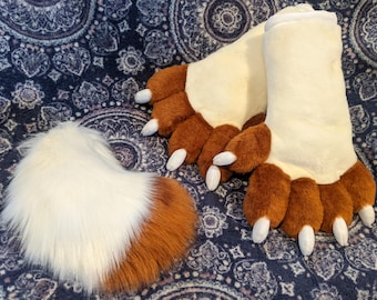 Ready To Wear 5-Fingered Fursuit Kitty Cat Paws and Tail Set