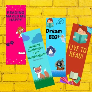Printable Bookmarks for kids - 4 bookmarks - Instant downloadable pdf - Fun for children and adults - Colorful and playful