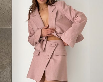 Women's wool suit, jacket and skirt, Pink, Grey, Beige