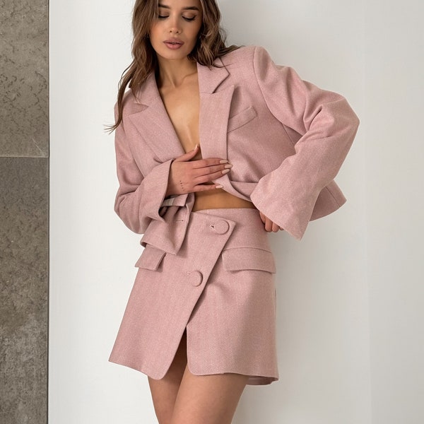 Women's wool suit, jacket and skirt, Pink, Grey, Beige