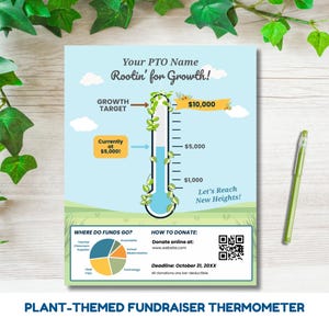May include: A plant-themed fundraiser thermometer with the text "Rootin' for Growth!" and a thermometer graphic. The thermometer shows a current level of £3,900 and a target of £7,800. Includes a pie chart showing where funds go.