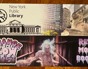 Marcapáginas de doble cara con el fantasma de la biblioteca pública y el bibliotecario de Nueva York