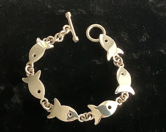 New but still Vintage Taxco Mexico Sterling Silver Gold Fish linked 7.5"  Bracelet