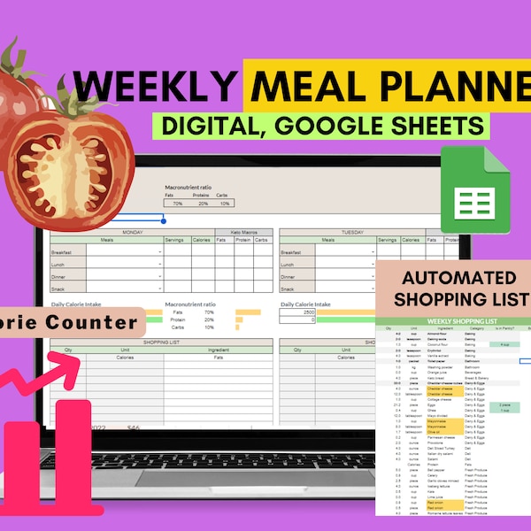 Weekly Meal Planner Digital Meal Planner Google Sheets | Recipe planner | Digital Grocery List