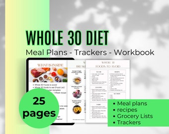 Ganze 30 Mahlzeiten, Diet-Tracker, Lebensmittelliste, 30-Tage-Challenge - 25 Seiten Arbeitsbuch