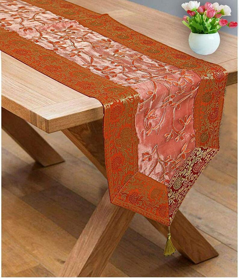 Ari Zari Embroidered Orange and Peach Table Runner with Tassel Etsy
