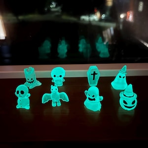 Halloween Decor, Set of 8 Little Glow-in-the-Dark Ghost Figurines;  Pumpkin, Holiday Ghost Ornaments