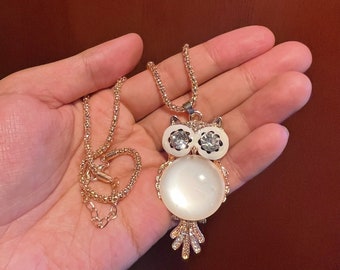 Beautiful Owl Cat Eye Stone Necklace, Gold Color Chain 30", Owl Necklace, Bird Necklace