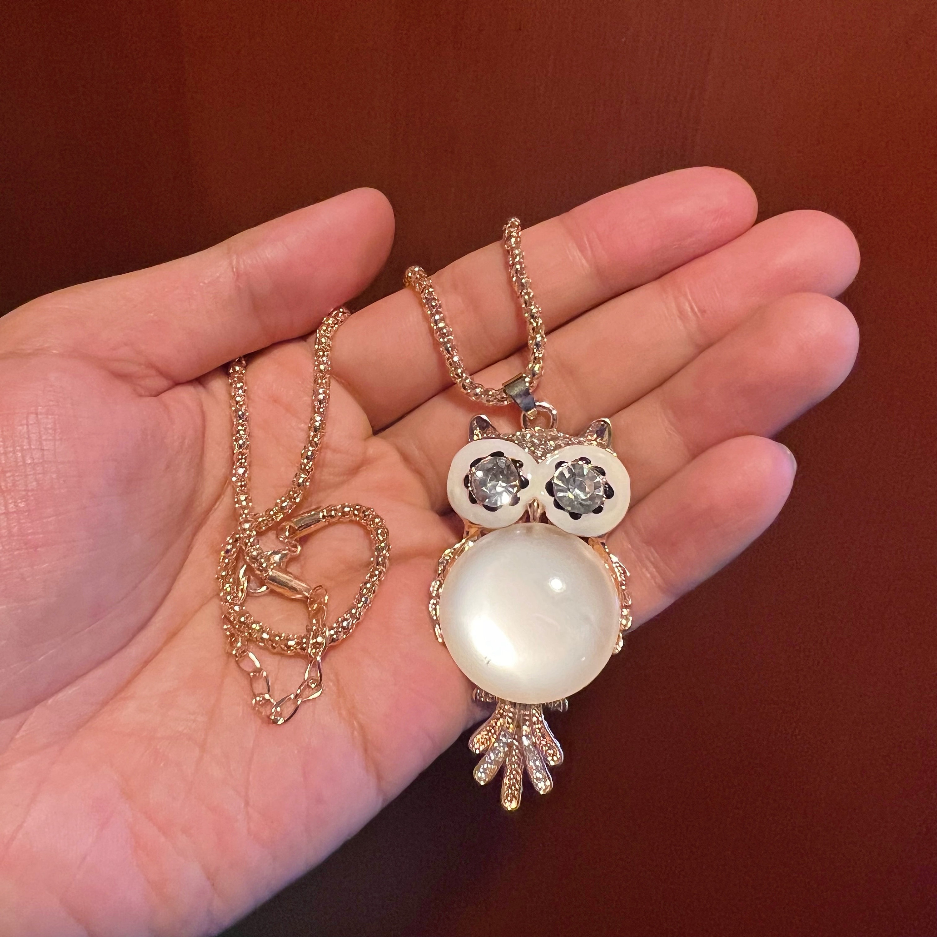 Beautiful Owl Cat Eye Stone Necklace, Gold Color Chain 30"