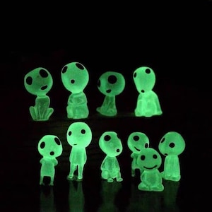 Set of 10 Little Glow-in-the-Dark Forest Spirits Figurines; Kodama Spirits Family Set