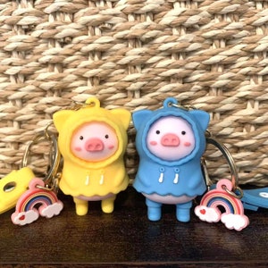 Super Cute Good Luck Pig (pair of 2), Blue and Yellow Raincoat Pigs That Bring You Good Luck! Pig Keychain, Cute Keychain