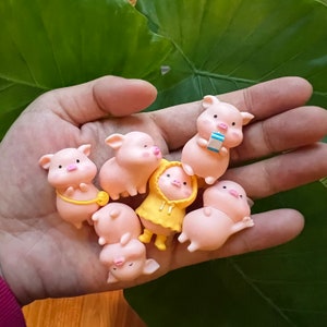 Whole Set of 6, Six Cute Pig Miniatures, Desk Decorations, Plant Decorations, Cake Topper, with Gift Box, Pig Figurines