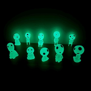 Set of 10 Little Glow-in-the-Dark Forest Spirits Figurines; Kodama Spirits Family Set