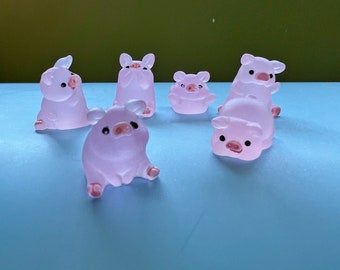Set of 6 Little Glow-in-the-Dark Pig Figurines; Pig Miniatures