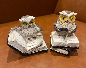 Owl Sculptures, Reading Owls, Set of 2 Owl Figures, Owl Statues, Night Owls Reading Books, 3*4 inches, Gift Owls